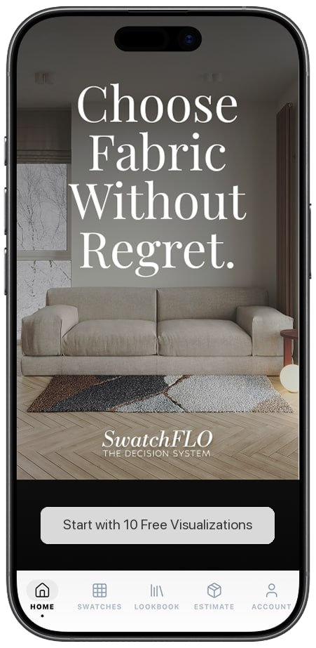SwatchFLO app boat screen phone frame with Choose Fabric Without Regret headline and visualization CTA